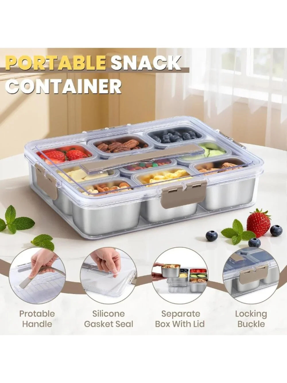 Portable Stainless Steel Snack Container with 9 Compartments & Lids - Perfect